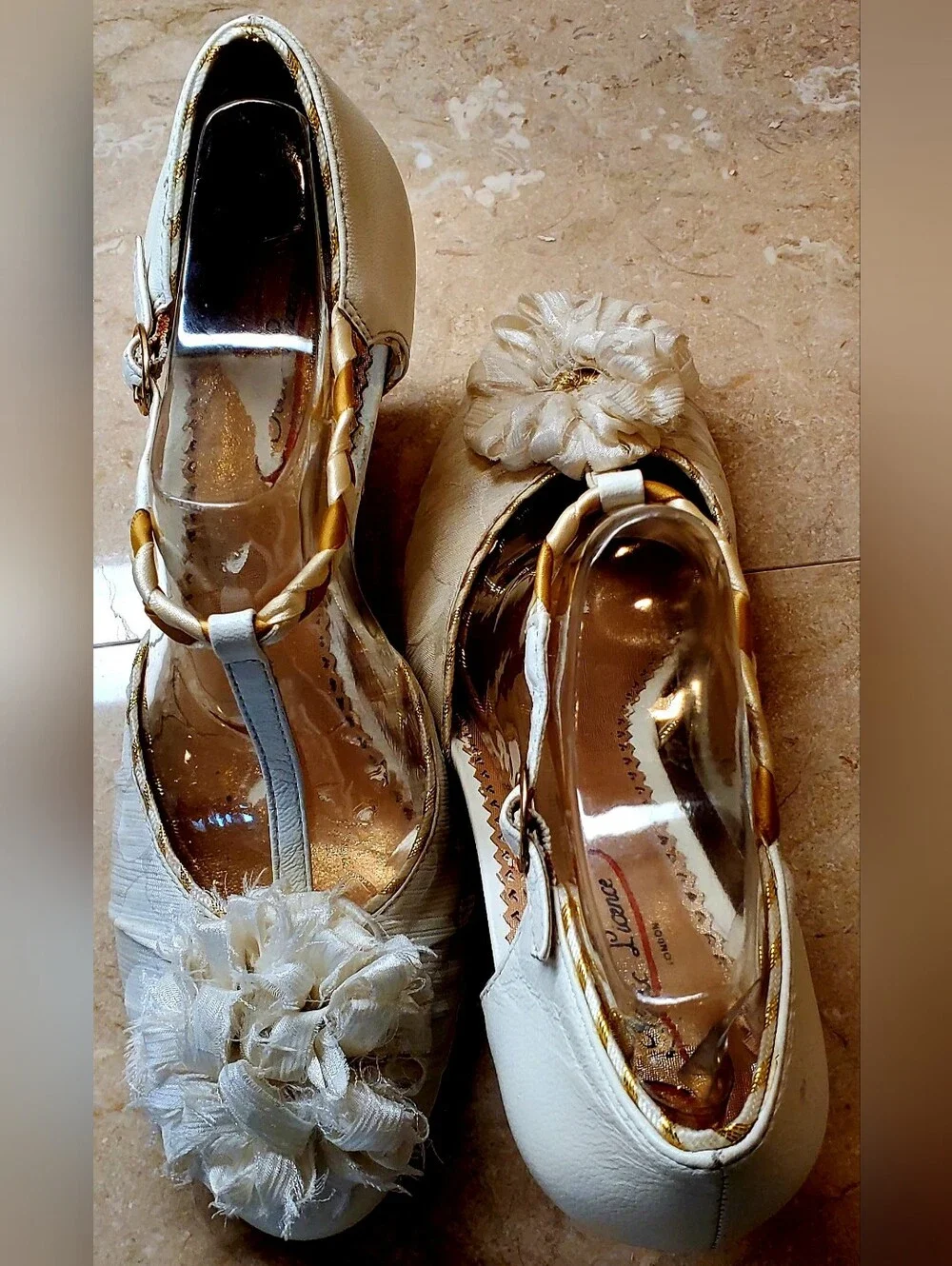 Cream Wedge Heels with Braided T-Strap and Flower Accent Sz 8 Great For Wedding
